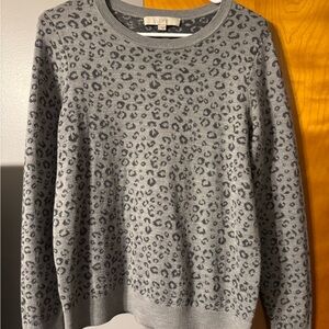 LOFT Gray Crew Neck Sweater with Leopard Print